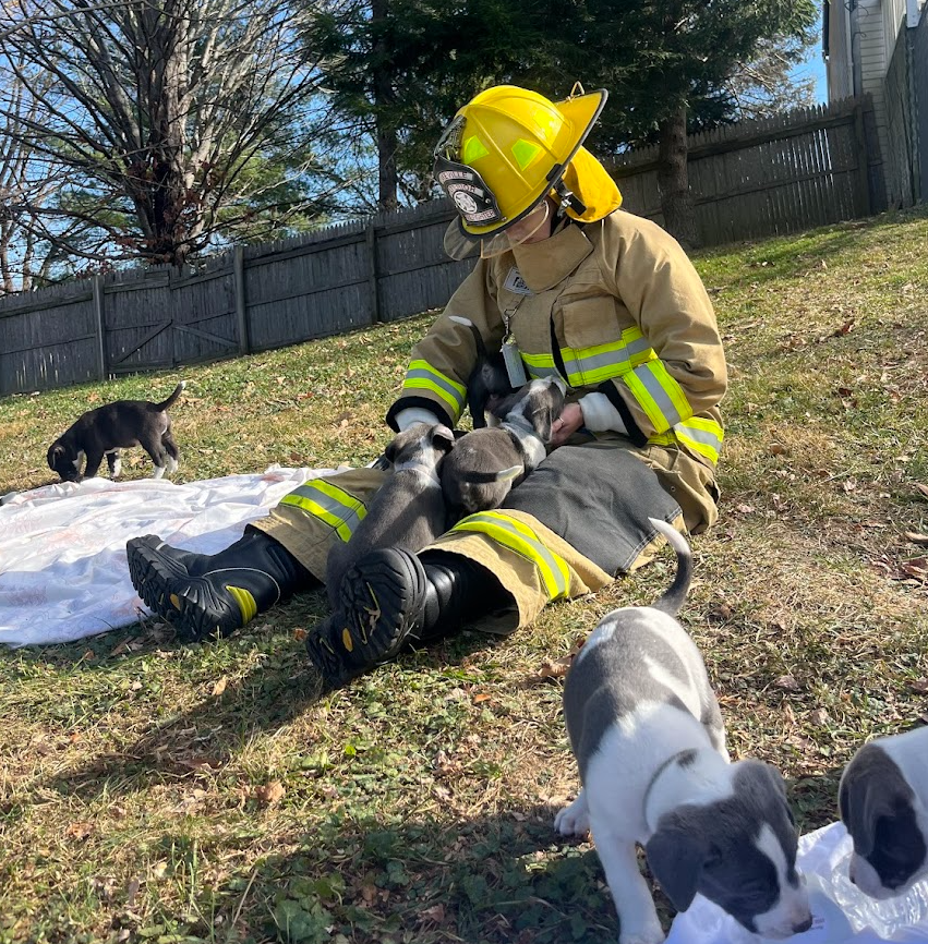 socializing in fire fighter outfit